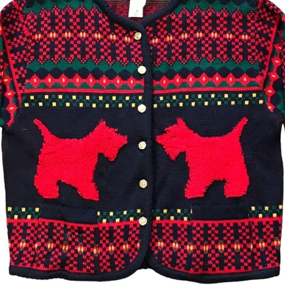 Vtg Tally-Ho Scotty Terrier Dog Cardigan Sweater Button Front Red Black Medium - Picture 6 of 12